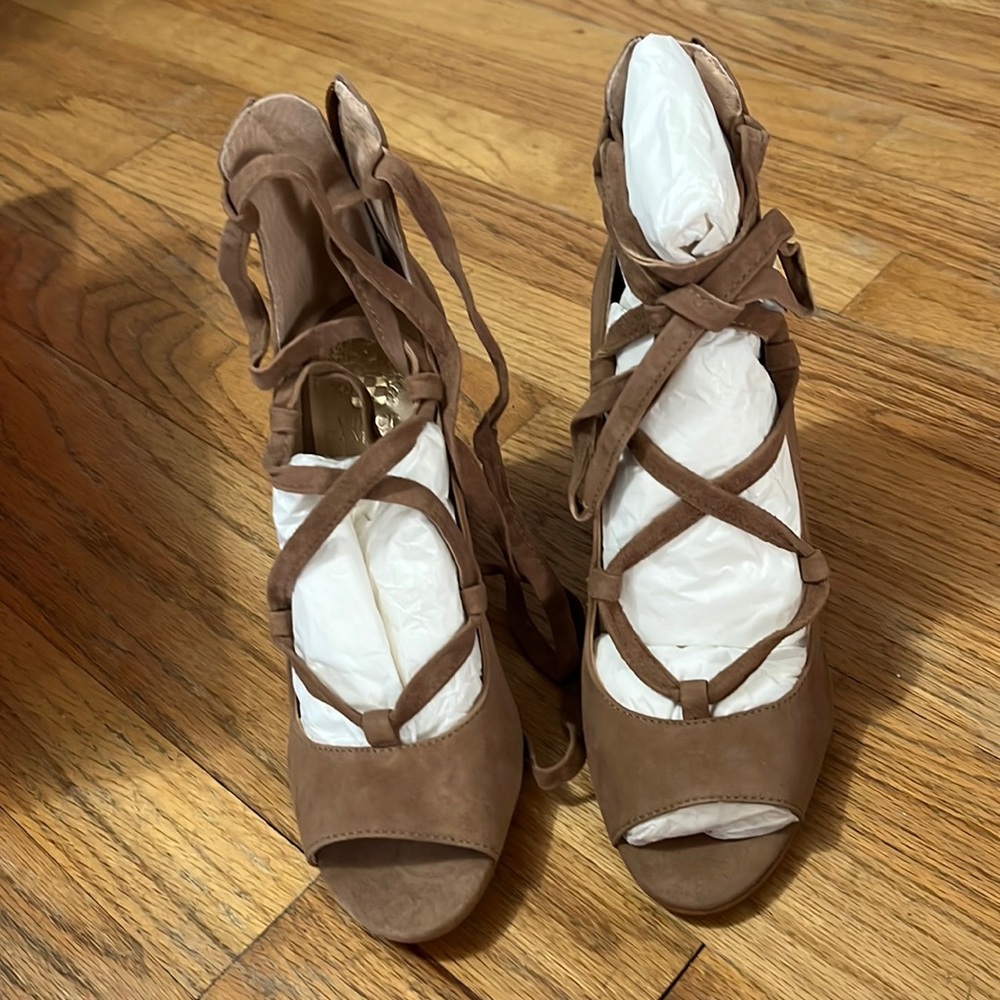 Heeled leather lace up sandals, new never been worn